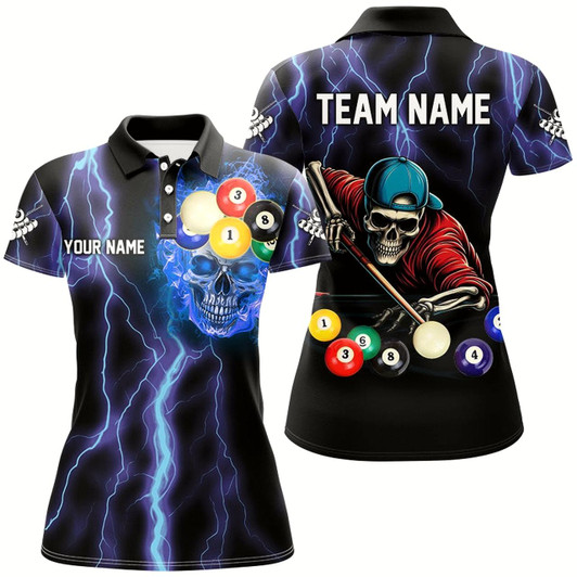 Goofygear Personalized Thunder Lightning Blue Skull Women Billiard Shirts, Skeleton Billiard Balls Pool Jerseys
