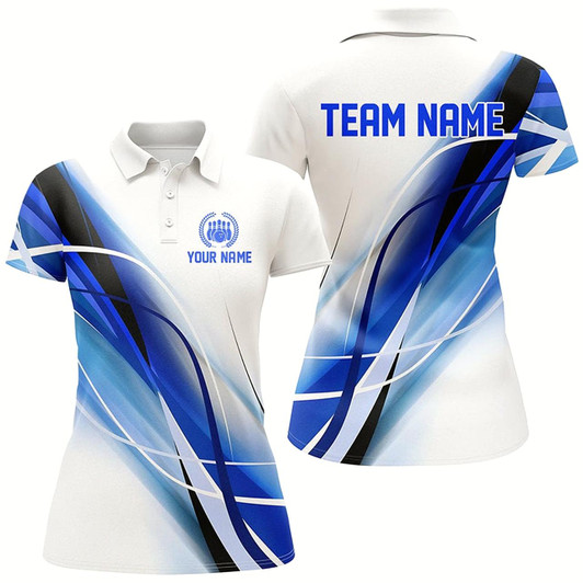 Goofygear Personalized White And Blue Geometric Bowling Shirts For Women Custom Teams Name Bowler Jerseys