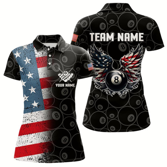Goofygear Personalized Us Flag Funny 8 Ball Pool Wings Billiard Shirts For Women, American Team Billiard Jersey