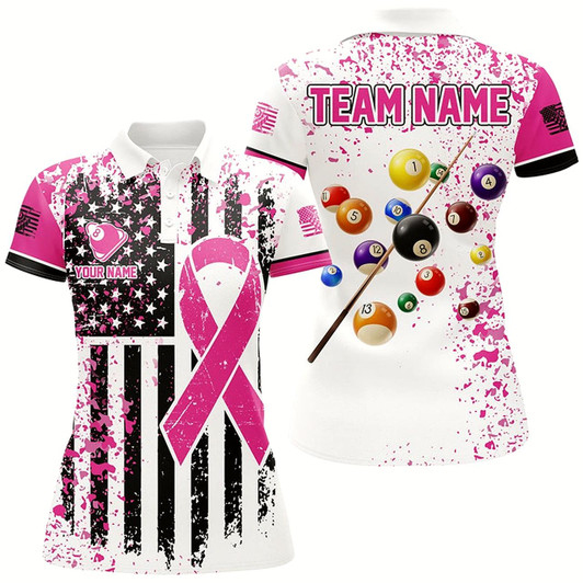 Goofygear Pink Ribon White Grunge American Flag Custom Billiard Shirts For Women, Breast Cancer Billiard Jersey