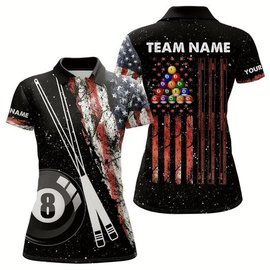 Goofygear Retro Black Grunge American Flag 8 Ball Pool Women Billiard Shirts Custom Patriotic Billiard Jersey