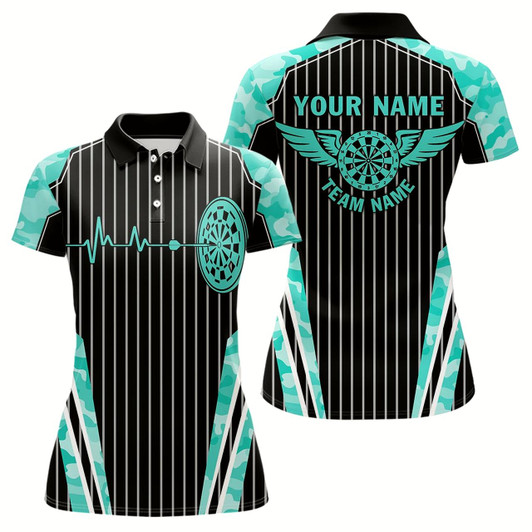 Goofygear Turquoise Camo Dartboard Pulse Heartbeat Custom Women Dart Shirts, Funny Wings Cool Dart Team Jerseys