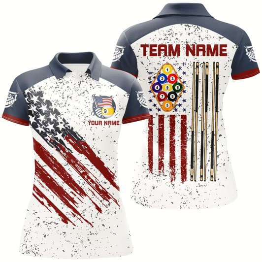 Goofygear White Grunge American Flag 9 Ball Billiard Shirts For Women Custom Patriotic 9 Ball Pool Jerseys