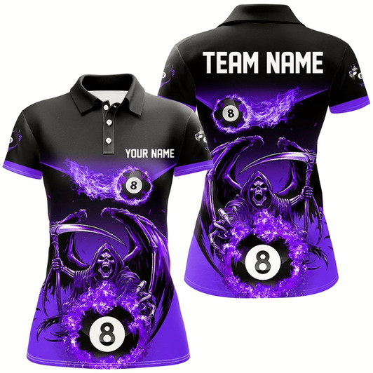 Goofygear Purple Death Skeleton Flame 8 Ball Pool Billiard Shirts For Women Custom Billiard League Team Jerseys