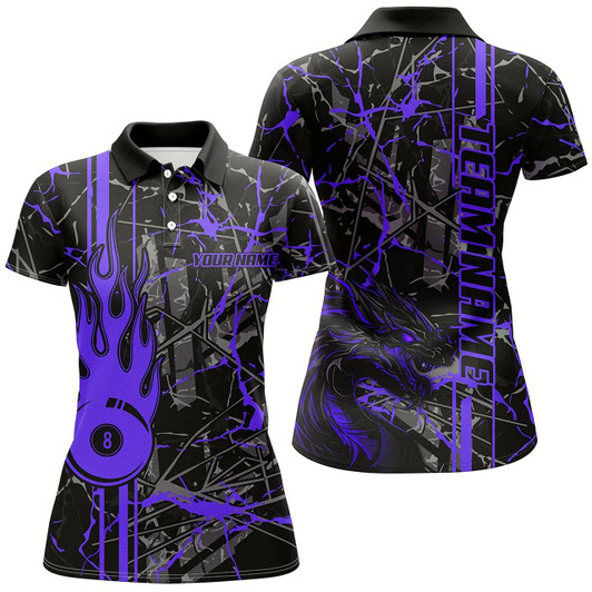 Goofygear Purple Grunge Billiard Jerseys For Women Custom Fire Flame 8 Ball Dragon Team League Billiard Shirts