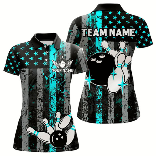 Goofygear Turquoise Grunge American Flag Patriotic Bowling Shirts For Women Custom Bowling Team Jerseys