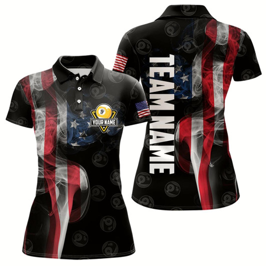 Goofygear Personalized Vintage Smoke Us Flag Billiard Shirts For Women, 9 Ball Pool Patriotic Billiard Jerseys