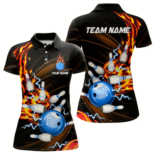 Goofygear Womens Bowling Shirts Custom Orange Flame Blue Bowling Ball And Pins Team League Bowler Jerseys