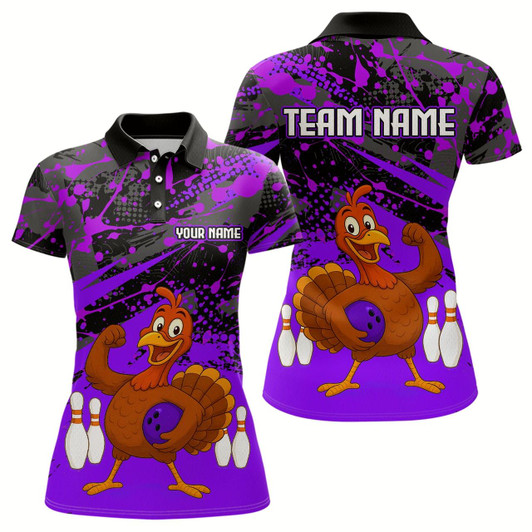 Goofygear Purple Funny Turkey Bowling Team Shirt For Women Bowling Jersey Thanksgiving Bowling Outfit
