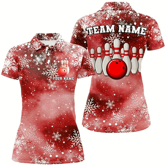 Goofygear Red Snowflake Christmas Pattern Women'S Bowling Shirt Custom Christmas Team Bowling League Jersey