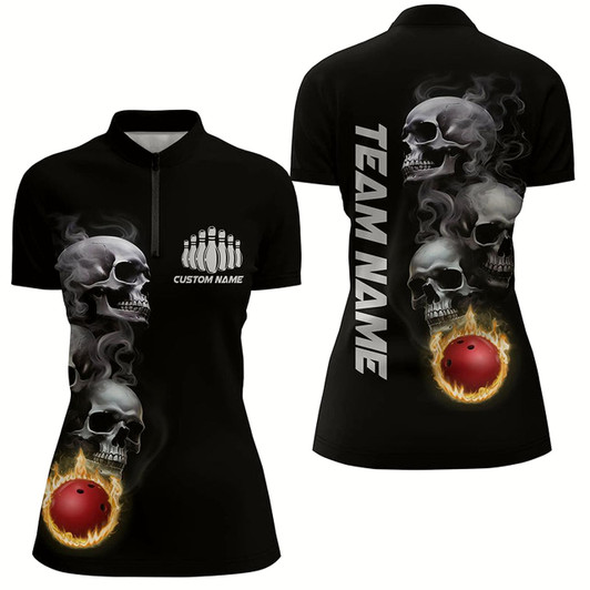 Goofygear Skull Tattoo Flame Bowling Ball Women'S Polo Bowling Shirts, Personalized Bowling Outfit