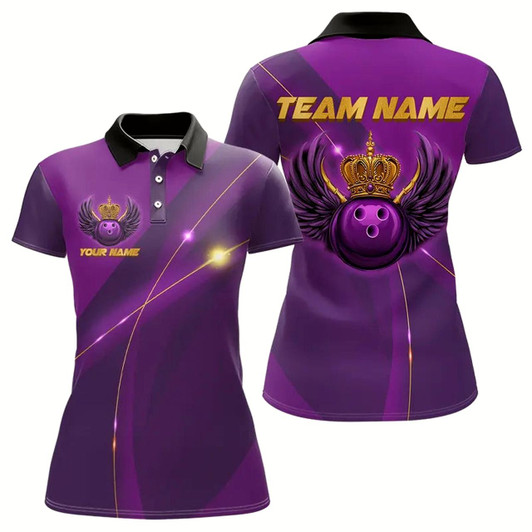 Goofygear Purple And Gold Crown Bowling Ball Wings Bowling Shirts For Women Custom Ladies Bowling Team Outfits