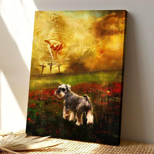 Christian Canvas Wall Art Jesus And Schnauzer Walking Into A Beautiful World Guided By His Gentle Love And Unfailing