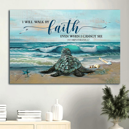 Big Sea Turtle Blue Ocean Drawing Seagull I Will Walk By Faith Even When I Cannot See Canvas Wall Art Christian Wall