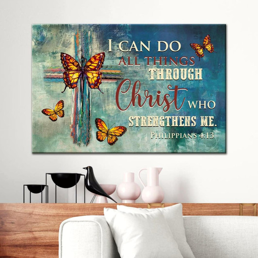 Philippians 413 I Can Do All Things Through Christ Wall Art Canvas, Butterflies Cross Christian Wall Decor Religious
