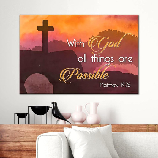 Matthew 1926 With God All Things Are Possible Cross Mountain Wall Art Canvas Religious Wall Decor