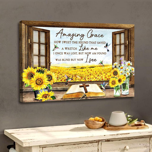 Christian Wall Art Amazing Grace How Sweet The Sound, Hummingbird Sunflower Canvas Print Religious Wall Decor