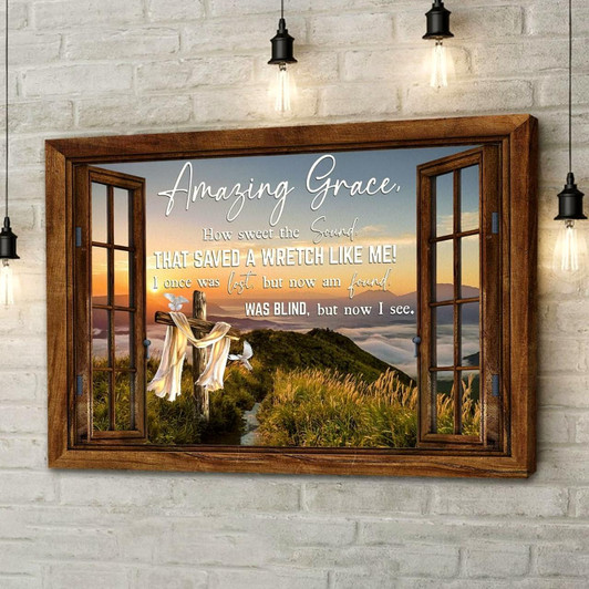 Christian Wall Art Amazing Grace How Sweet The Sound Cross Mountain Canvas Print Religious Wall Decor