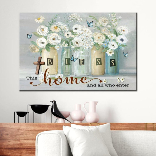 Bless This Home And All Who Enter Wall Art Canvas, Butterfly Flower Christian Wall Decor Religious Wall Decor