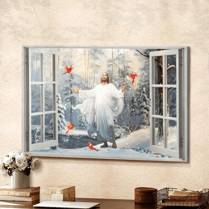 Cardinal Walking With Jesus Into The Winter Forest Canvas Wall Art Jesus Canvas Pictures Christian Wall Posters