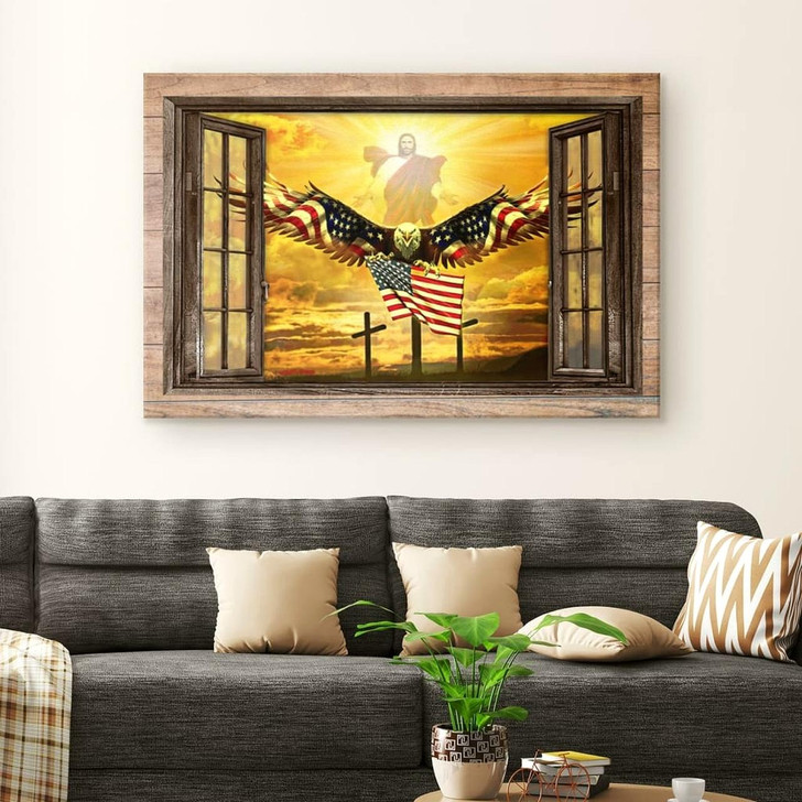 Jesus Open Arms Bald Eagle American Flag Canvas Wall Art Christian Canvas Faith Canvas