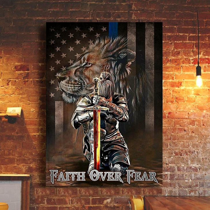 Jesus Faith Over Fear Lion American Flag Canvas Posters Christian Wall Posters Religious Wall Decor