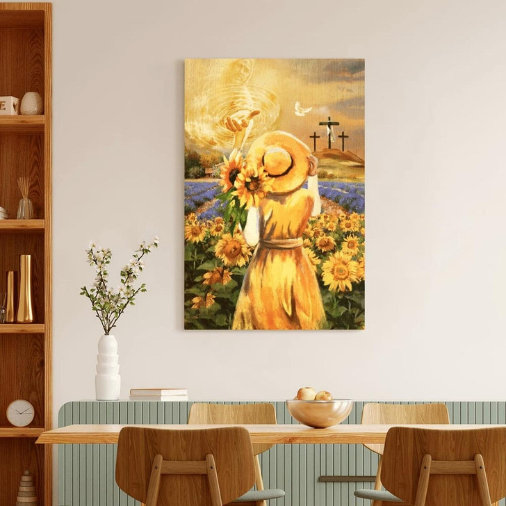 Beautiful Girl Sunflower Field Jesus Hand Cross Symbol Canvas Posters Christian Wall Posters Religious Wall Decor