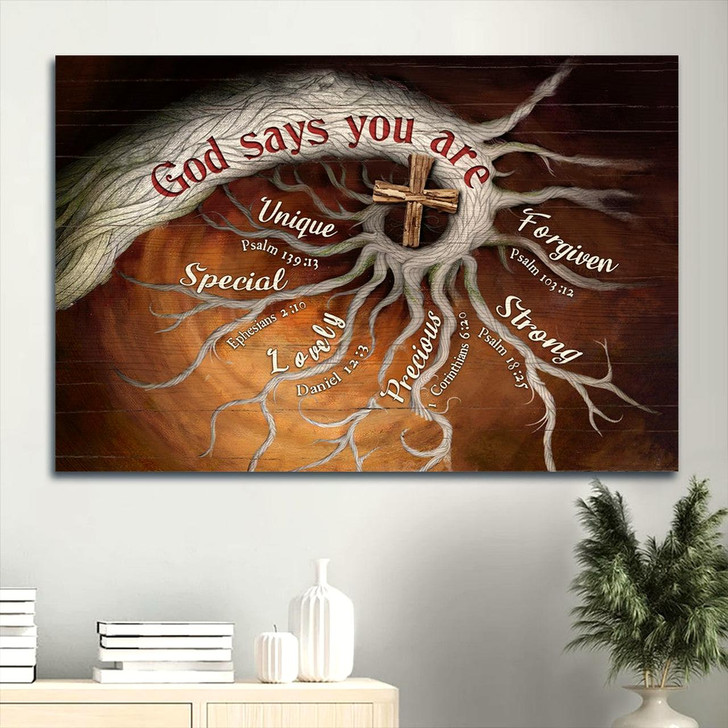 Tree Roots Wooden Cross Painting Bible Verses God Says You Are Canvas Wall Art Christian Wall Decor