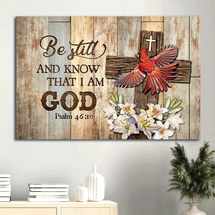 God Psalm 461 God Red Cardinal Canvas Wooden Cross Lily Flower Framed Canvas Wall Art Christian Wall Decor