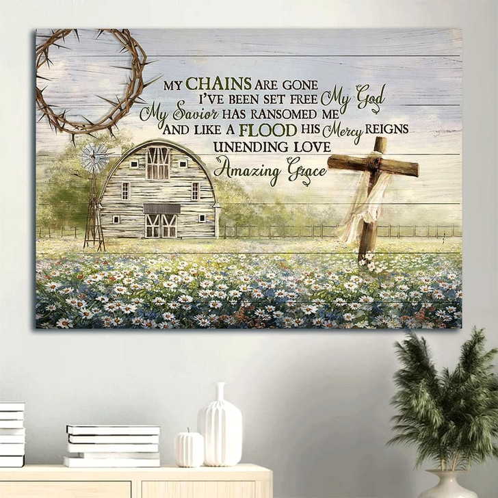 Daisy Field Wooden Cross Tranquil Farm Windmill Canvas My Chains Are Gone I've Been Set Free Canvas Wall Art Christian