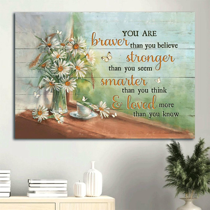 Daisy Drawing Tea Cup Green Background White Butterfly Canvas You Are Braver Than You Believe Canvas Wall Art Christian
