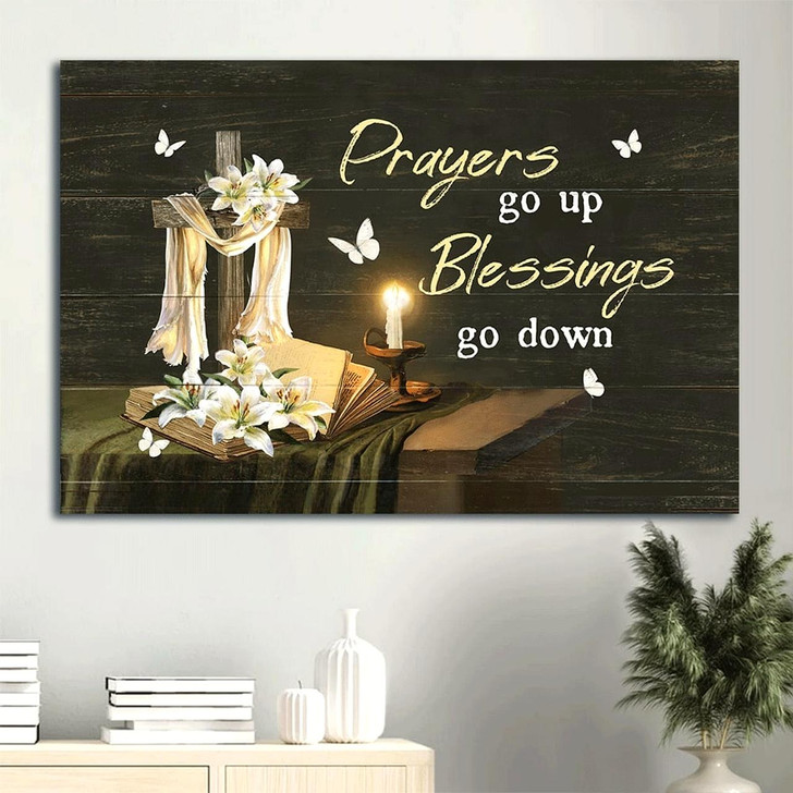 Candle Drawing White Lily Flower Wooden Cross Prayers Go Up Blessings Go Down Canvas Wall Art Christian Wall Decor
