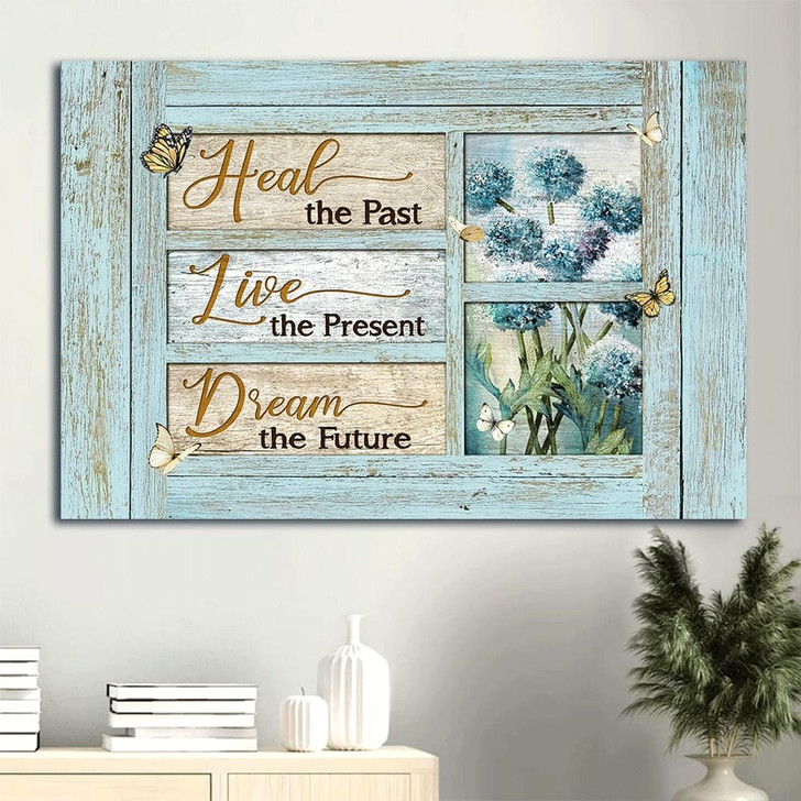 Blue Hydrangea Butterfly Drawing Wooden Window Heal The Past Live The Present Dream The Future Jesus Lanscape Canvas