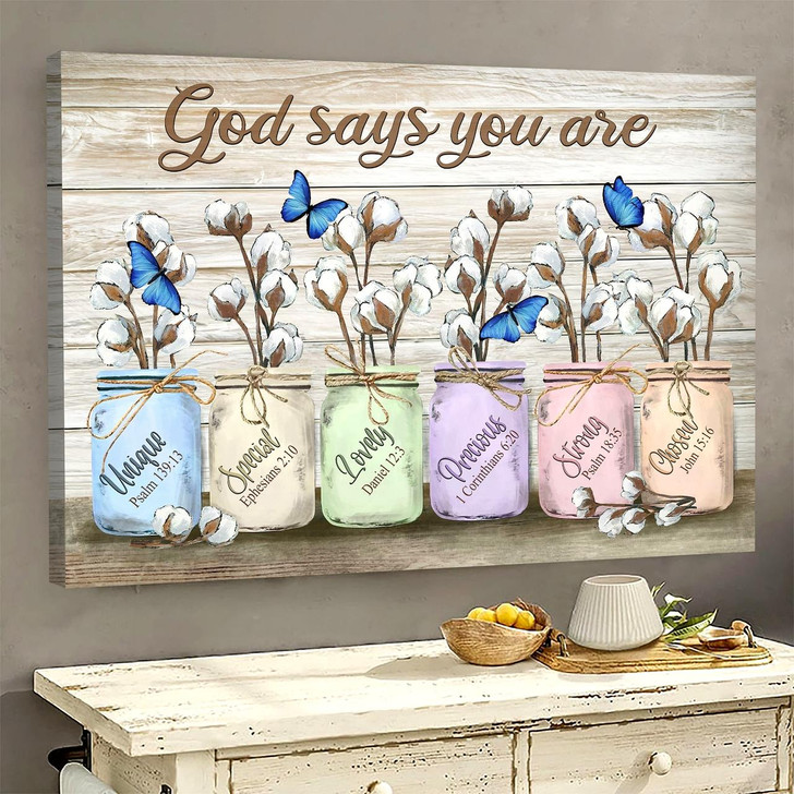 Blue Butterfly Cotton Flower Jar God Says You Are Canvas Wall Art Christian Wall Decor