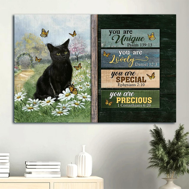 Black Cat Daisy Field Monarch Butterfly You Are Unique Canvas Wall Art Christian Wall Decor