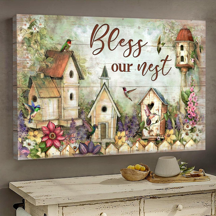 Bird Nest Flower Garden Bless Our Nest Canvas Wall Art Christian Wall Decor