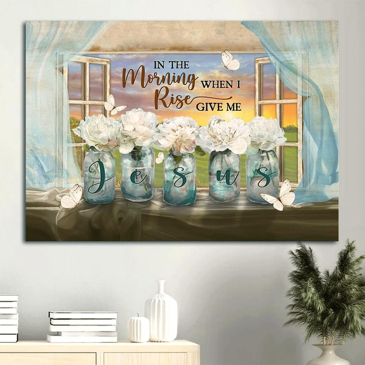 Beautiful White Flower Orange Sunset Butterfly In The Morning When I Rise Canvas Wall Art Christian Wall Decor