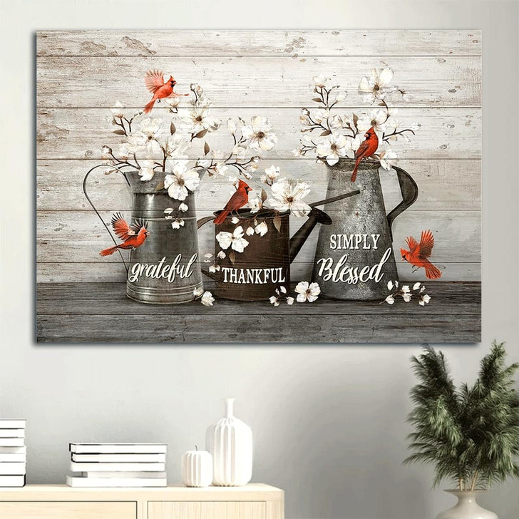Beautiful White Flowers Red Cardinals Water Pots Simply Blessed Canvas Wall Art Christian Wall Decor
