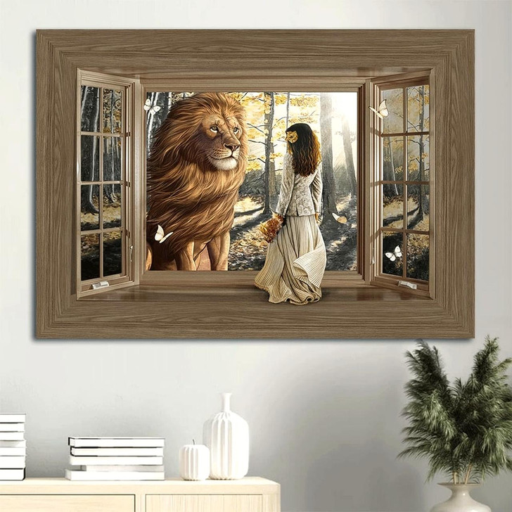 Beautiful Lion Wooden Window Pretty Girl Sunny Day Canvas Wall Art Christian Wall Decor