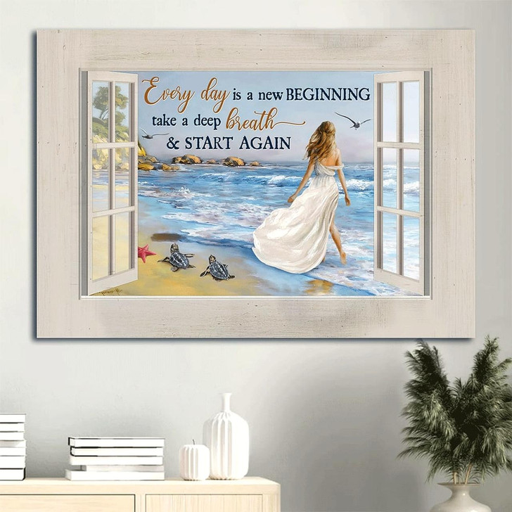 Beautiful Girl Summer Vibe Sea Turtle Canvas Every Day Is A New Beginning Canvas Wall Art Christian Wall Decor