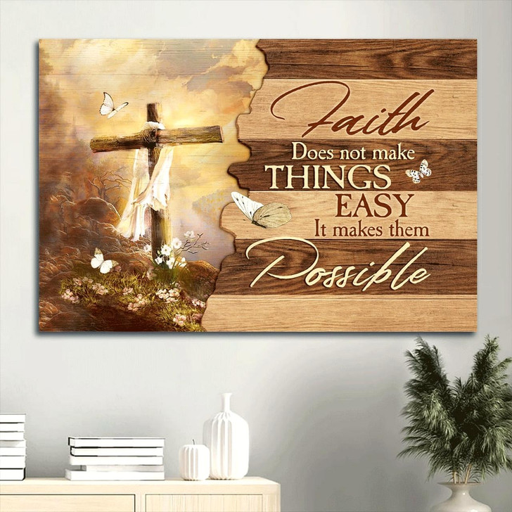 Beautiful Cross Mountain Drawing Faith Does Not Make Things Easy Canvas Wall Art Christian Wall Decor