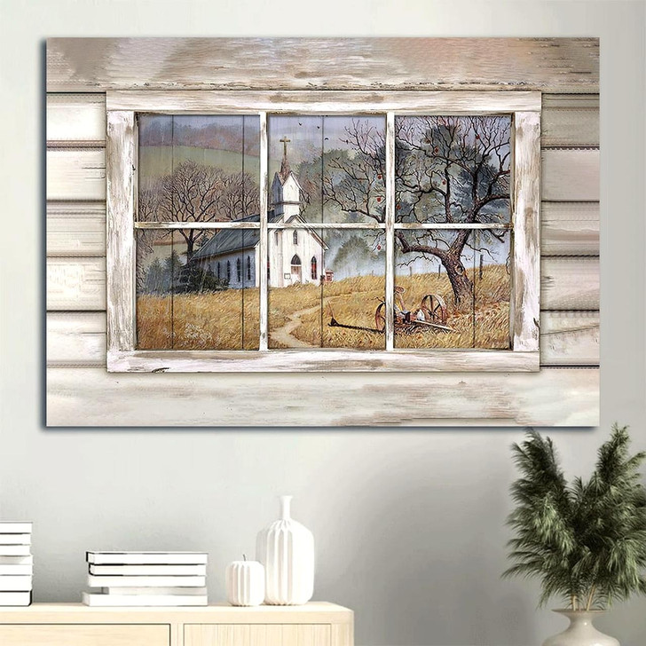 Beautiful Church Country Church Through Rustic Window Yellow Meadow Canvas Wall Art Christian Wall Decor