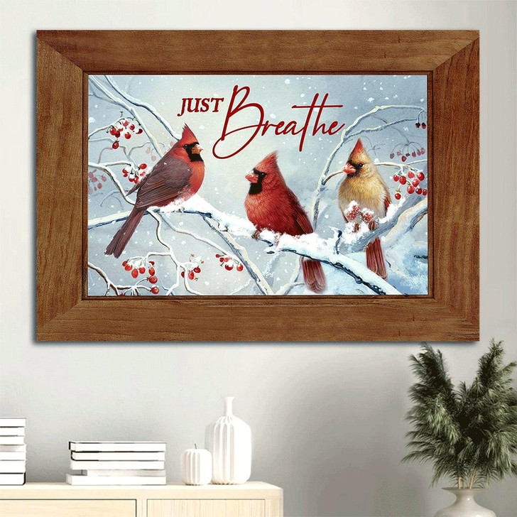 Beautiful Cardinal White Snow Red Cranberry Just Breathe Canvas Wall Art Christian Wall Decor
