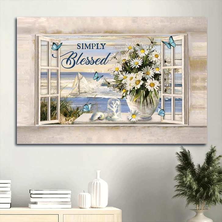 Beautiful Beach Daisy Vase Summer Painting Simply Blessed Canvas Wall Art Christian Wall Decor