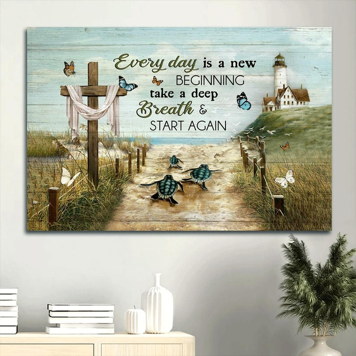 Beach Sand Sea Turtle Lighthouse Cross Symbol Colorful Butterfly Canvas Everyday Is A New Beginning Canvas Wall Art