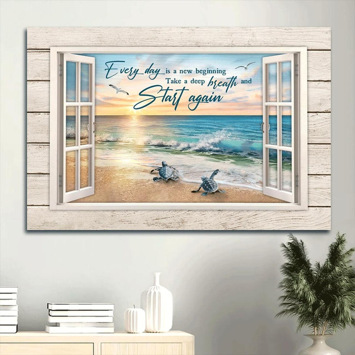 Beach Painting Sea Turtles Inspirational Quote Seagull Painting Canvas Every Day Is A New Beginning Canvas Wall Art