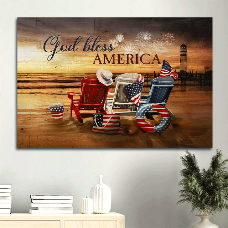 Beach Chairs American Flag Firework Sunset Beach Painting Canvas God Bless America Canvas Wall Art Christian Wall Decor