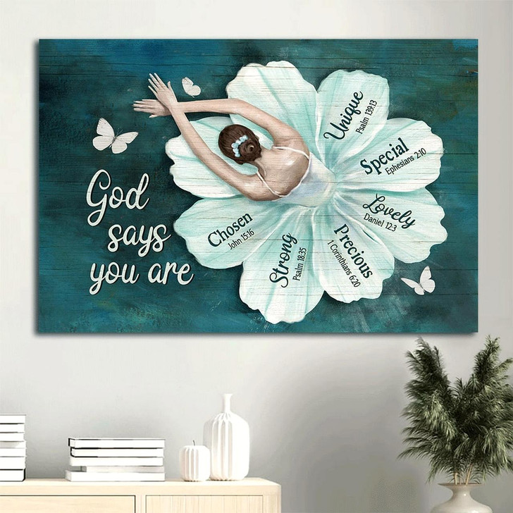 Ballerina Ballet Drawing Flower Dress Butterfly God Says You Are Canvas Wall Art Christian Wall Decor