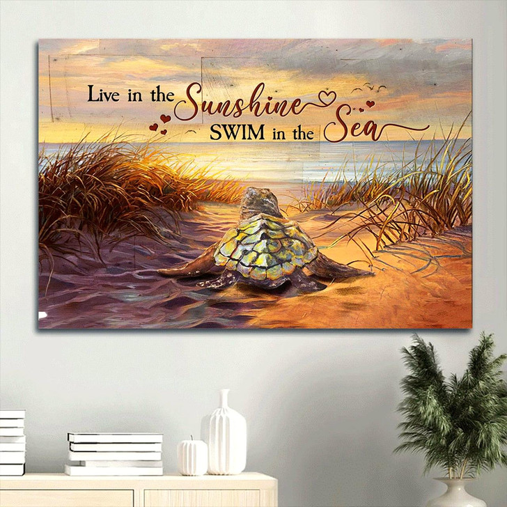 Baby Turtle Beach Grass Blue Ocean Sunrise Sky Live In The Sunshine Canvas Wall Art Christian Wall Decor