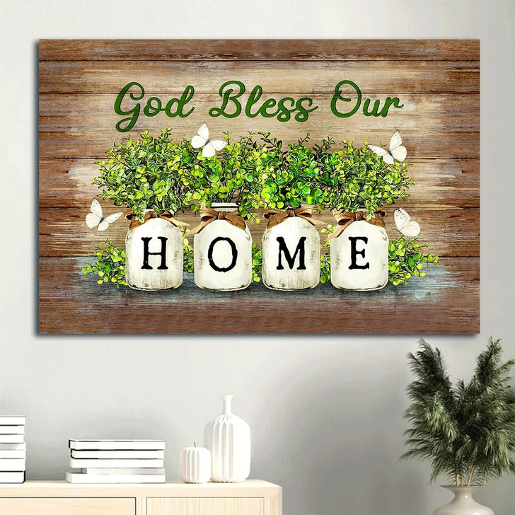 Baby Rubber Plant Vase White Butterfly God Bless Our Home Canvas Wall Art Christian Wall Decor